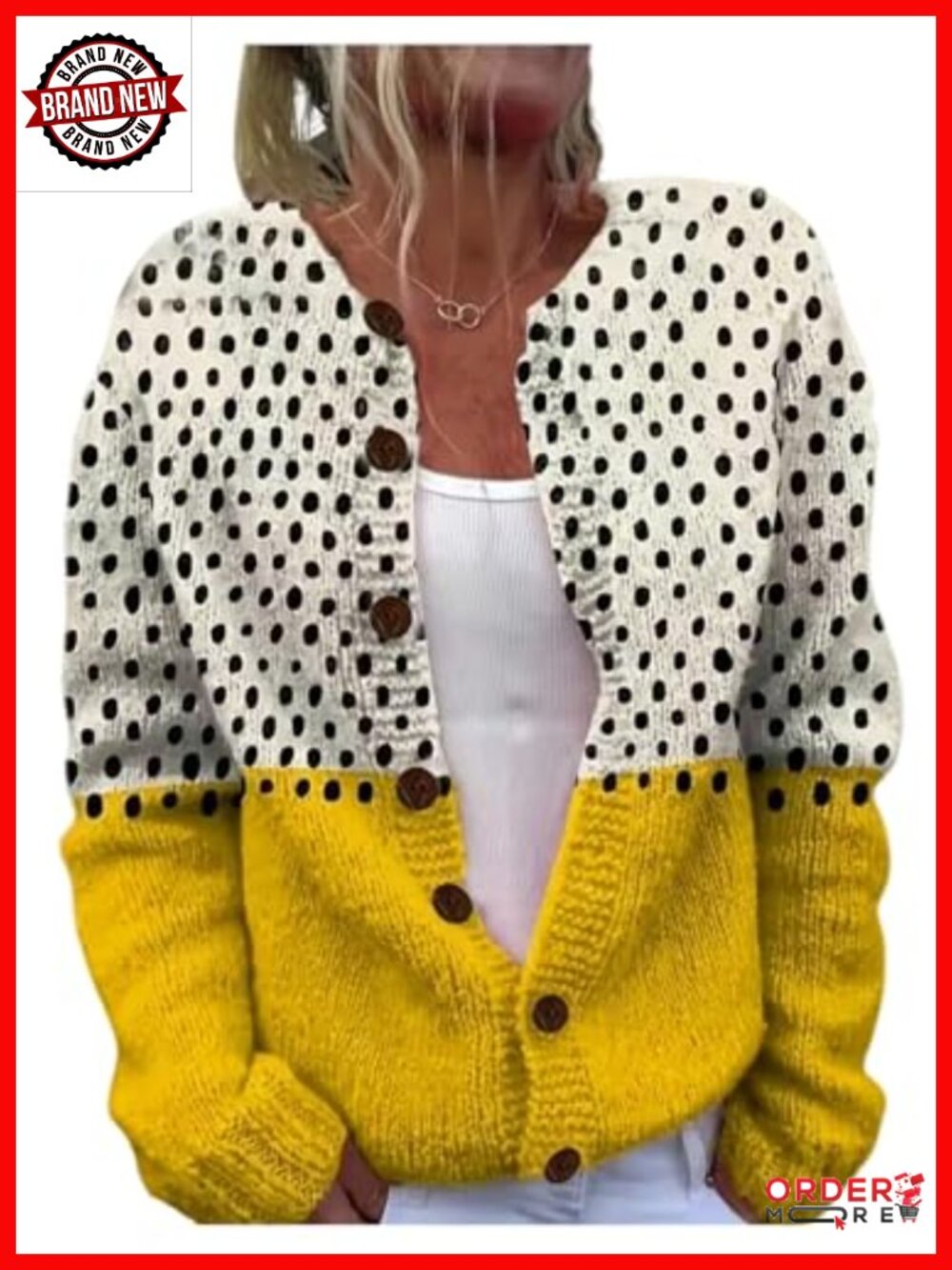 Button Down Polka Dots Cardigan Long Sleeve Crew Neck Sweater